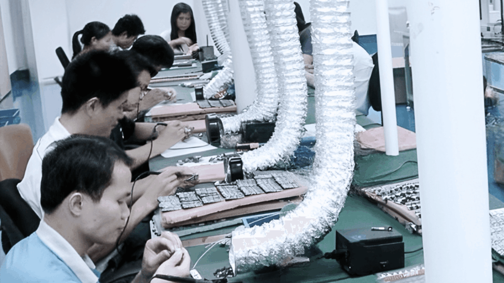 Galaxy Tech Agile Technical Unit in Dongguan featuring specialized air-extraction systems and high-precision manual welding stations for semiconductor probe card reinforcement and mission-critical PCBA fabrication.