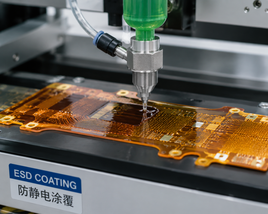 Galaxy Tech's in-house automated ESD coating and conformal coating process for high-precision semiconductor test carriers and FPCA.