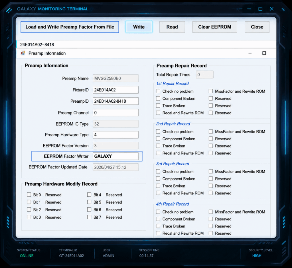Galaxy Tech's proprietary active write-back software interface for Flip-Chip PCBA calibration and register data management.