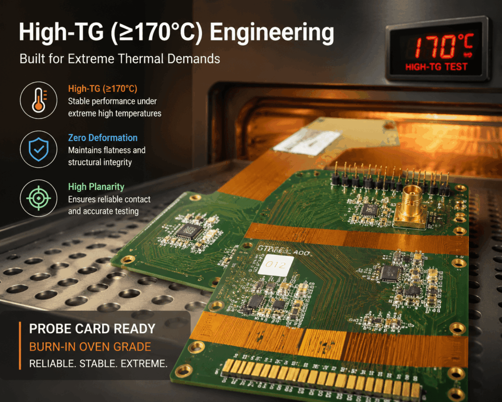 Galaxy Tech High-TG (≥170°C) PCB engineering for burn-in ovens and probe cards, ensuring zero deformation and high planarity during high-temperature testing.