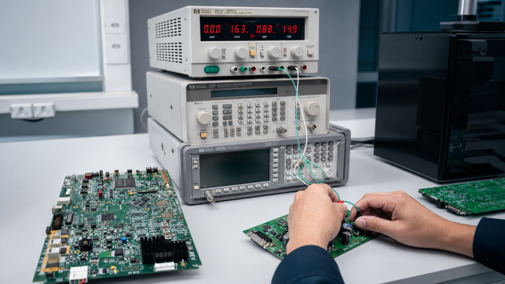Galaxy Tech engineer conducting dynamic signal verification on a high-precision Preamp PCBA using Agilent-powered measurement infrastructure.