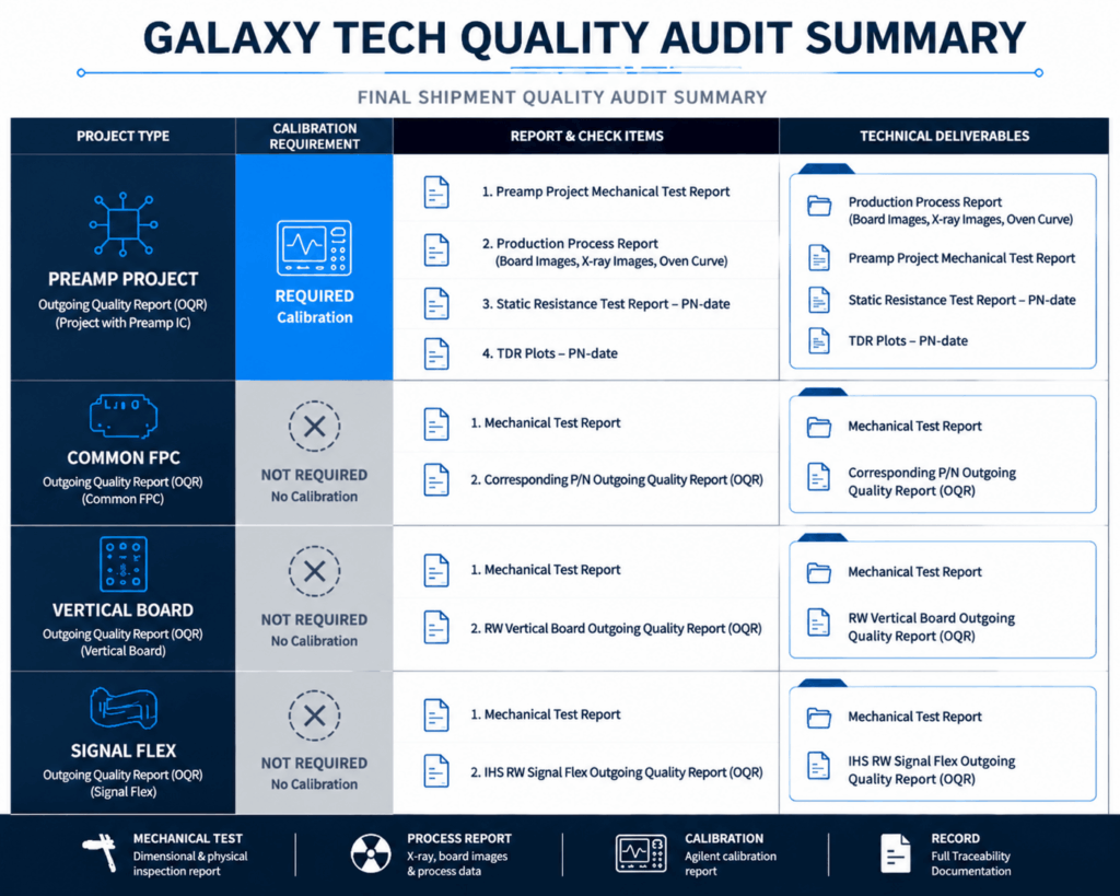 Comprehensive Outgoing Quality Report (OQR) summary by Galaxy Tech, detailing technical deliverables for Preamp PCBA and FPCA including X-Ray, TDR plots, and mechanical test data.